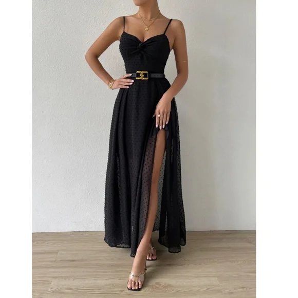 Black V-Neck Backless Maxi Dress Backless, Tie Back, Twist Front Swiss Dot - Picture 3 of 9